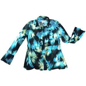 Future Collective Tie Dye Bell Sleeve Blue Ruched Button Down Blouse Women 2X
